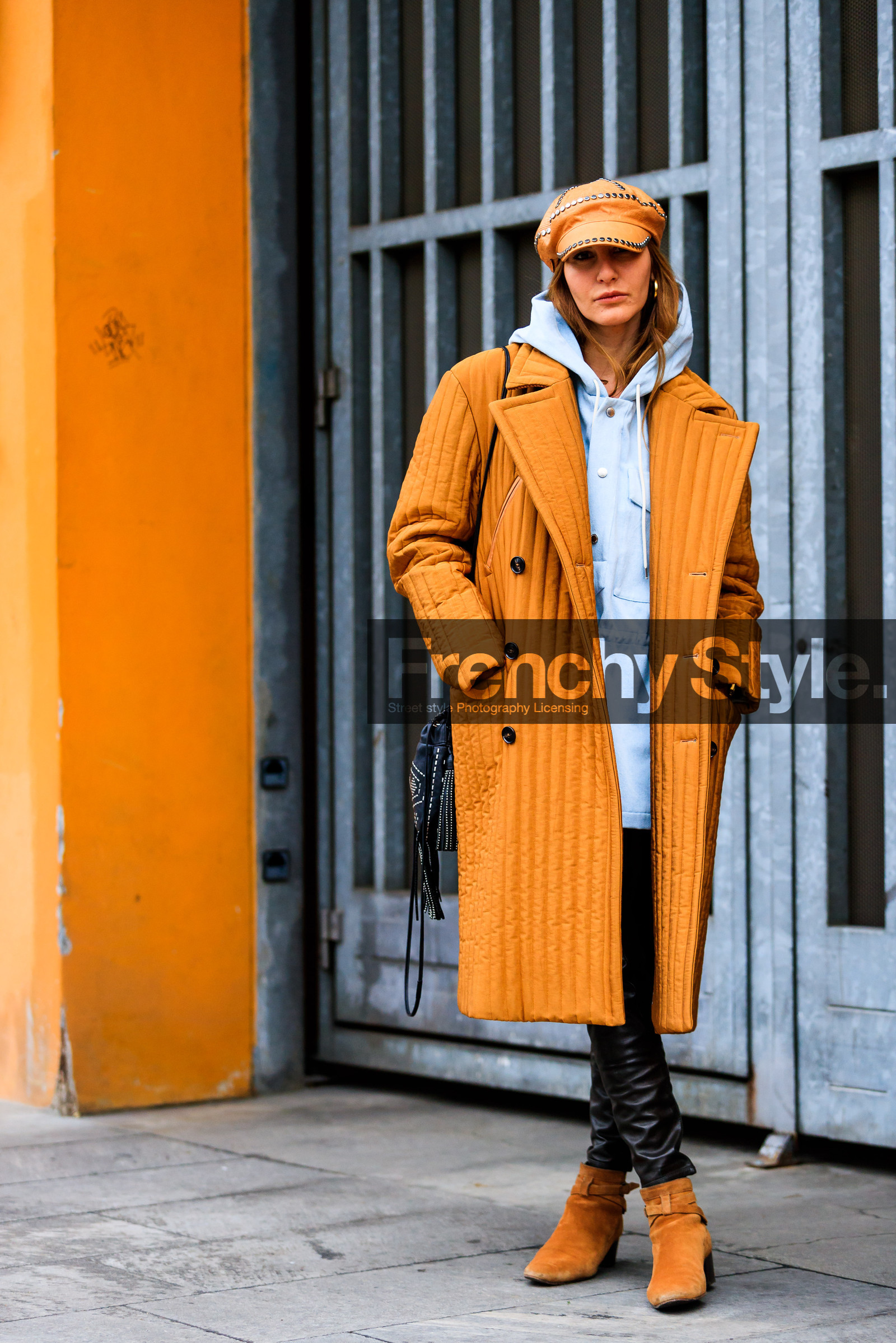 black bag, black pants, blue jacket, brown boot, brown hat, camel coat, fringes, graphic bag, high heels, hood, leather bag, leather pants, leather shoes, printed bag, studs, trousers, orange, fashion week, frenchystyle, FW, jonathan paciullo, street style, MFW, MILAN, AUTUMN WINTER 2018-2019, FALL WINTER 2018-2019, FW 18-19, vertical, full length, ece sukan