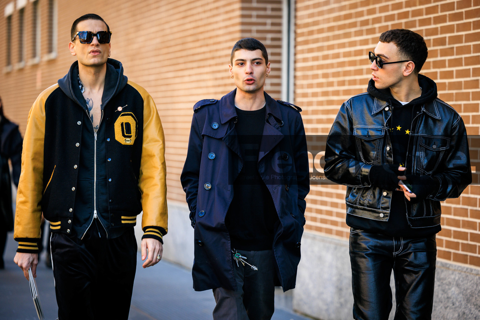 red pattent pants, black hoodie, black sunglasses, baseball jacket, dual toned jacket, buttoned trench coat, black pants, grey trousers, black jumper, keys, earrings, fashion week, frenchystyle, FW, jonathan paciullo, street style, MFW, MILAN, FALL WINTER 2022_2023, AUTUMN WINTER 2022-2023, FW 22-23, horizontal, atmosphere details