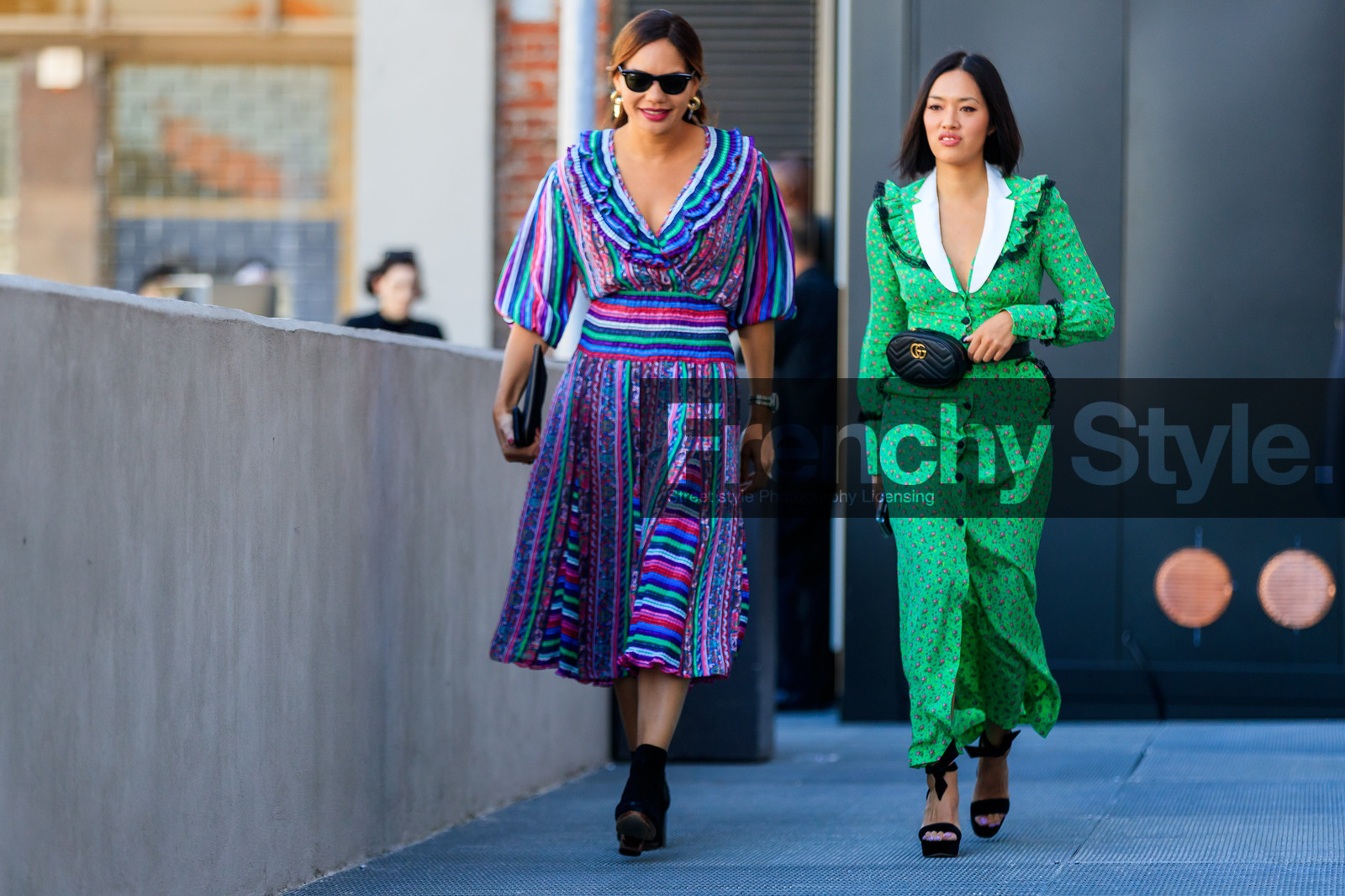 atmosphere details, black bag, black shoes, fanny pack, fashion week, floral, flowers, frenchystyle, full length, FW, graphic dress, green dress, gucci, high heels, horizontal, jonathan paciullo, leather bag, leather shoes, MFW, MILAN, multicolor dress, printed dress, SPRING SUMMER 2018, SS 18, street style, striped dress, sunglasses, Tiffany Hsu