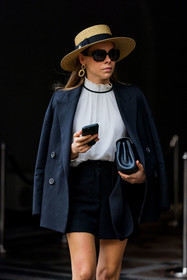 hat, sunglasses, blazer, black, shorts, shirt, white, earrings, clutch, Bags, fashion week, frenchystyle, FW, jonathan paciullo, street style, SPRING SUMMER 2022, SS 22, LFW, LONDON, vertical, atmosphere details, detail