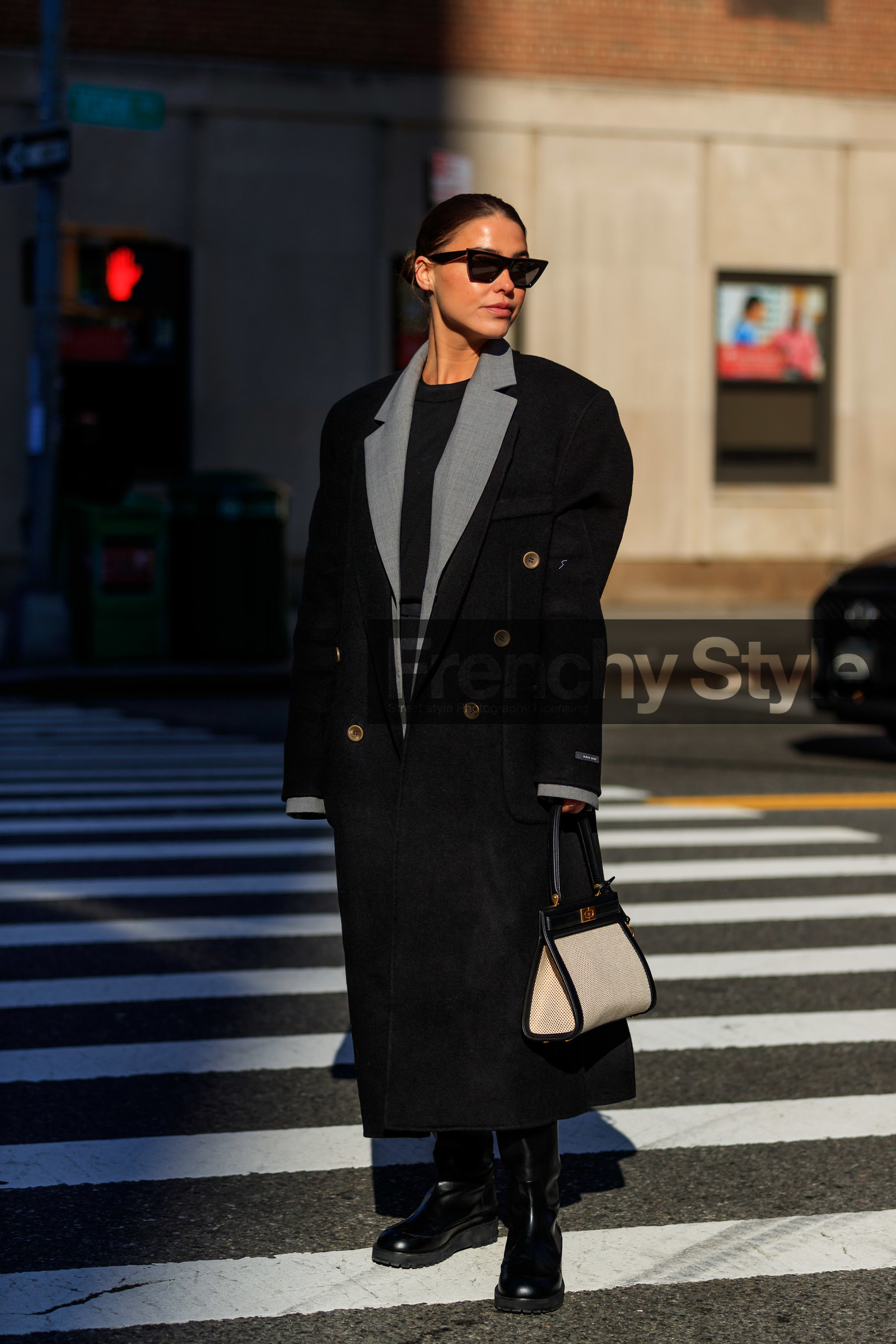 sophia roe, grey jacket, black coat, black pants, black leather boots, black t-shirt, white bag, tory burch bag, hand bag, flat boots, high boots, carrot pants, black sunglasses, futurist shape sunglasses, celine sunglasses, oversize coat, fashion week, frenchystyle, FW, jonathan paciullo, street style, FALL WINTER 2020-2021, AUTUMN WINTER 2020-2021, FW 20-21, vertical, full length, NYFW, NEW YORK