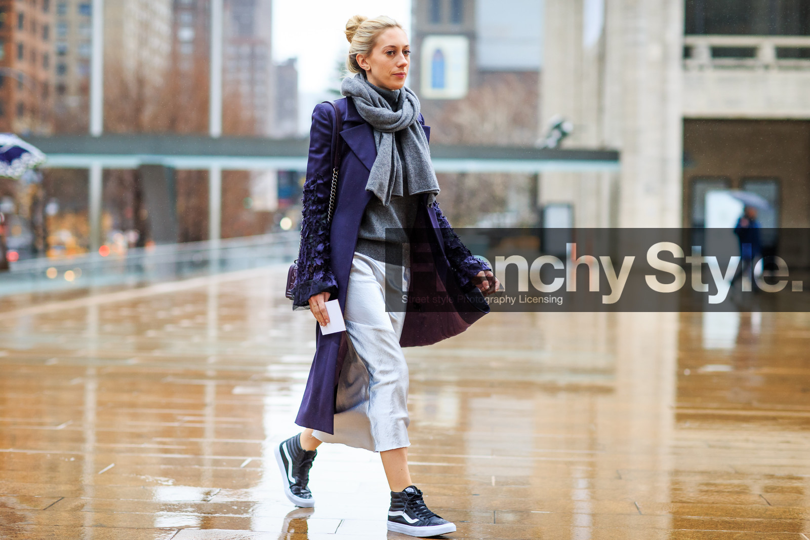 atmosphere details, AUTUMN WINTER 2016-2017, AW 16-17, black sneakers, embroidered coat, fashion week, frenchystyle, full length, FW, FW 16-17, grey scarf, grey sweater, horizontal, jonathan paciullo, long skirt, metallic skirt, NEW YORK, NYFW, oversize, purple coat, shiny skirt, silver skirt, street style, vans, woman