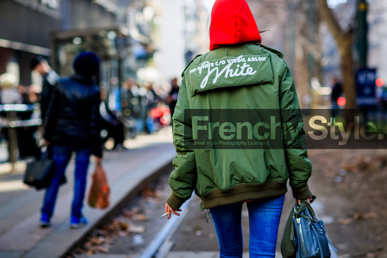 atmosphere details, AUTUMN WINTER 2017-2018, AW 17-18, back detail, blue denim, bomber jacket, denim pants, detail, FALL WINTER 2017-2018, fashion week, frenchystyle, FW, FW 17-18, graphic jacket, green jacket, grey bag, hoodie, horizontal, jeans, jonathan paciullo, leather bag, MFW, MILAN, off white, printed jacket, street style, trousers