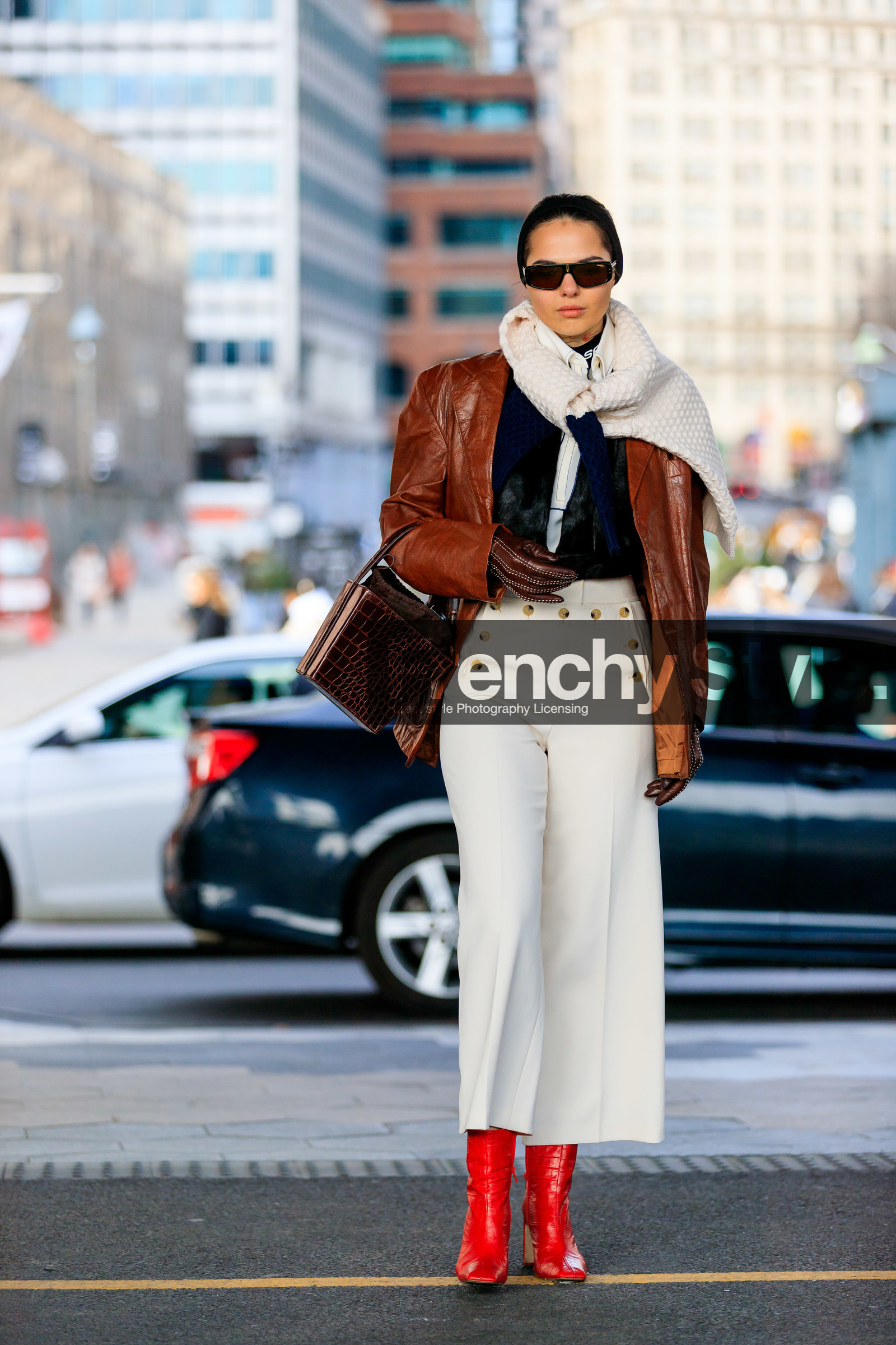 black top, brown bag, brown gloves, brown jacket, doina ciobanu, leather bag, leather gloves, leather jacket, leather shoes, red boots, sunglasses, trousers, white pants, white scarf, street style, jonathan paciullo, frenchystyle, NYFW, NEW YORK, AUTUMN WINTER 2019-2020, AW 19-20, FALL WINTER 2019-2020, FW 19-20, fashion week, FW, vertical, full length