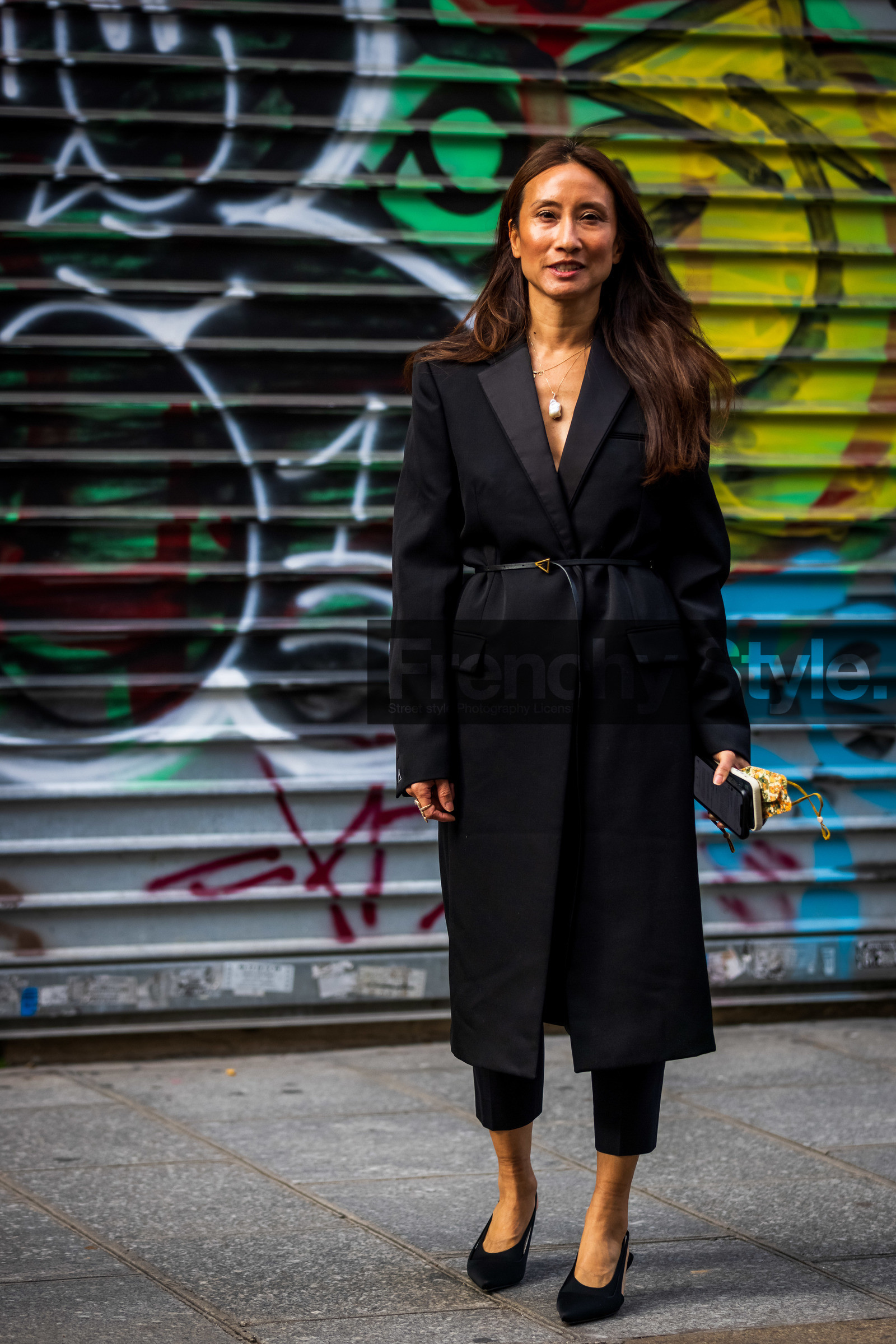 belt, black coat, black heels, black pants, bottega veneta belt, coat, heels, leather belt, long coat, necklace, pearl necklace, street style, jonathan paciullo, FW, frenchystyle, fashion week, PFW, PARIS, SPRING SUMMER 2022, SS 22, vertical, full length