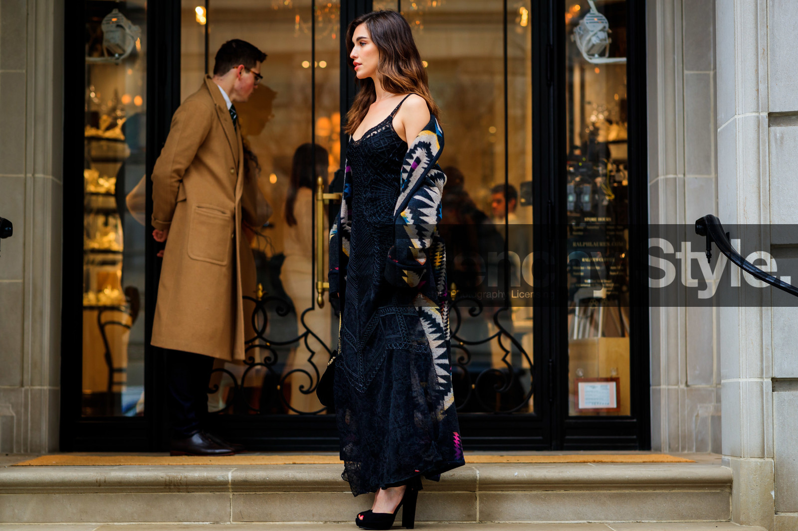 black bag, black dress, black shoes, graphic jacket, high heels, leather bag, leather shoes, multicolor jacket, off the shoulder, patchwork, printed jacket, frenchystyle, jonathan paciullo, street style, NYFW, NEW YORK, AUTUMN WINTER 2019-2020, AW 19-20, FALL WINTER 2019-2020, FW 19-20, fashion week, FW, atmosphere details, horizontal, detail