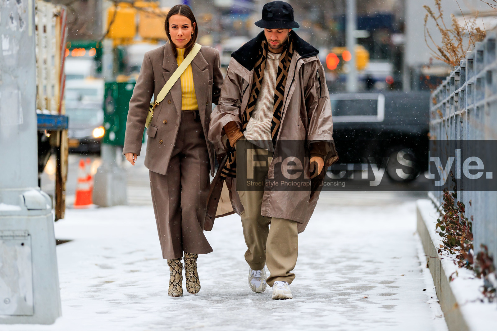 alice & j.s, animal print, beige boots, beige coat, beige pants, beige sweater, black hat, blazer, brown jacket, brown pan, brown pants, brown scarf, brown suit, bucket hat, fendi, high heels, leather shoes, monogram, printed scarf, snake print, trousers, white sneakers, yellow sweater, street style, jonathan paciullo, frenchystyle, NYFW, NEW YORK, AUTUMN WINTER 2019-2020, AW 19-20, FALL WINTER 2019-2020, FW 19-20, FW, fashion week, atmosphere details, horizontal, full length