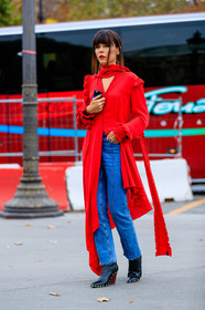 black boots, blue denim, denim pants, Evangelie Smyrniotaki, fashion week, frenchystyle, full length, FW, high heels, jeans, jonathan paciullo, leather shoes, PARIS, PFW, red dress, red jacket, red shirt, ruffle, SPRING SUMMER 2017, SS 17, street style, trousers, vertical