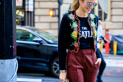 atmosphere details, black jacket, black sweater, checked pants, detail, embroidered jacket, fashion week, floral, flowers, frenchystyle, FW, graphic pants, helena bordon, horizontal, jonathan paciullo, NEW YORK, NYFW, printed pants, printed sweater, red pants, SPRING SUMMER 2018, SS 18, street style, sunglasses, trousers