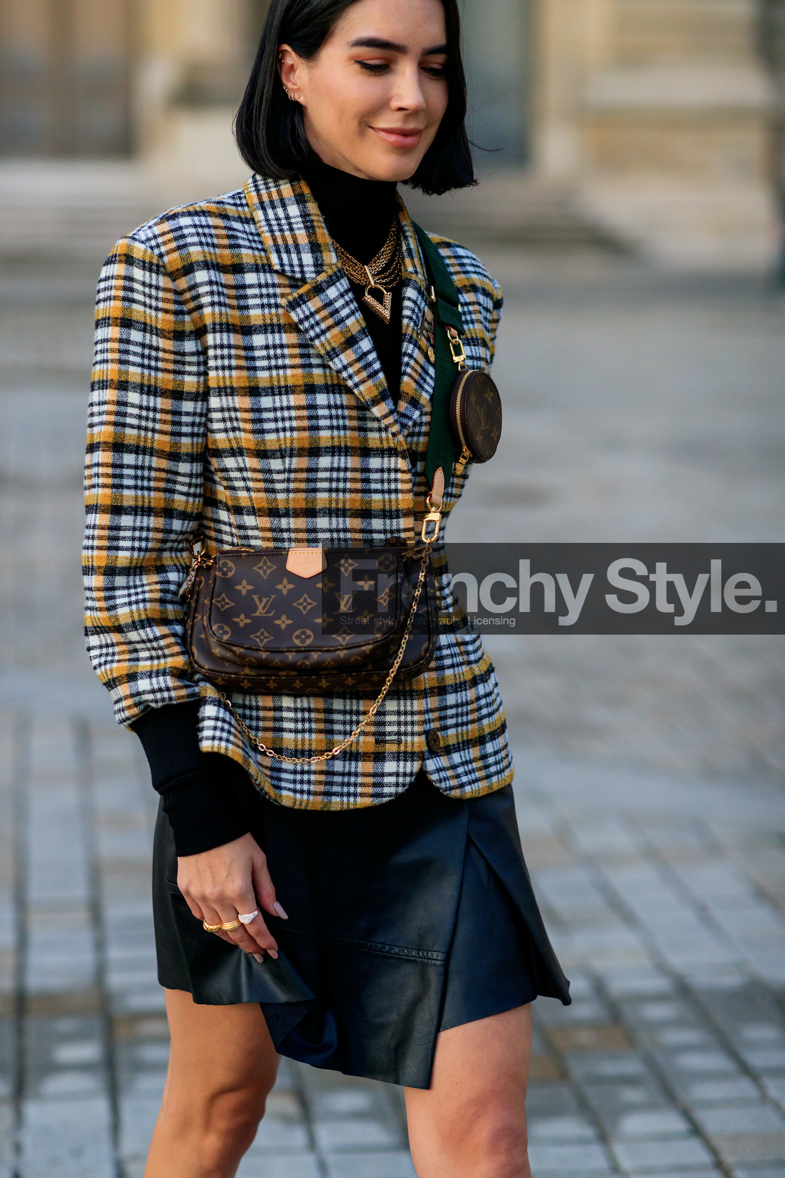 brittany xavier, checked jacket, plaid jacket, yellow jacket, black jacket, white jacket, black skirt, satin skirt, mini skirt, louis vuitton bag, louis vuitton jacket, louis vuitton skirt, louis vuitton necklace, golden necklace, multi necklace, chain necklace, brown leather bag, monogrammed bag, crossbody bag, round shape bag, mini bag, logo strap bag, black leather skirt, PARIS, PFW, SPRING SUMMER 2020, SS 20, fashion week, frenchystyle, FW, jonathan paciullo, street style, vertical, atmosphere details, detail