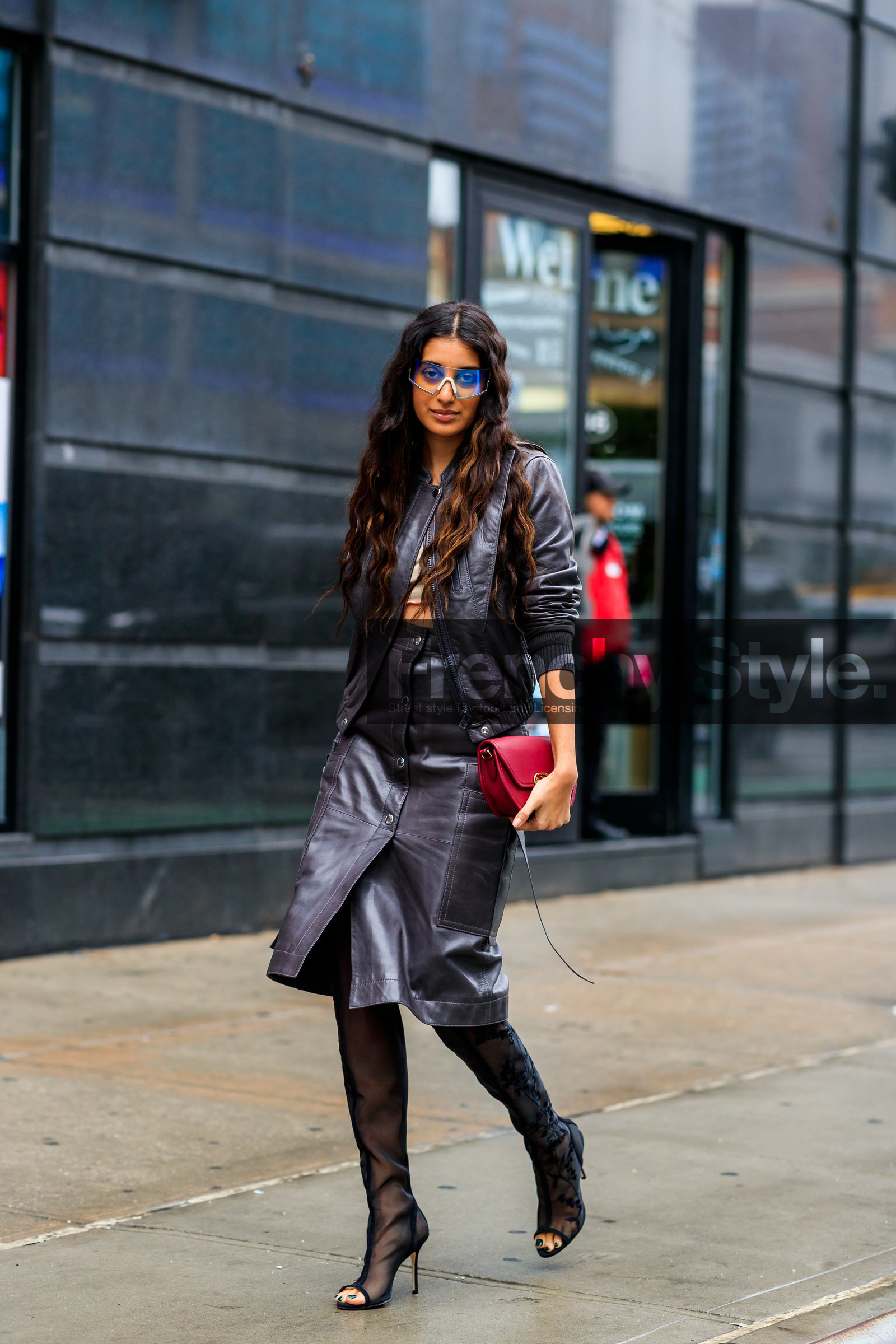 anaa saber, grey leather jacket, grey leather skirt, mid long skirt, button skirt, cropped top, futurist shape sunglasses, red leather clutch, high boots, sheer boots, open toe shoes, coach bag, embroidered boots, floral embroidered boots, coach jacket, coach skirt, fashion week, frenchystyle, FW, jonathan paciullo, street style, NYFW, NEW YORK, AUTUMN WINTER 2020-2021, FALL WINTER 2020-2021, FW 20-21, vertical, full length