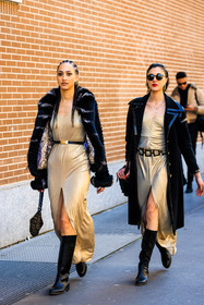 matching looks, furry jacket, black coat, black trench, buttoned trench, beige dress, midi dress, open cut dress, black boots, leather boots, black adidas sweat, leather belt, black sunglasses, fashion week, frenchystyle, FW, jonathan paciullo, street style, MFW, MILAN, FALL WINTER 2022_2023, AUTUMN WINTER 2022-2023, FW 22-23, vertical, full length