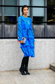 black shoes, blue dress, fashion week, frenchystyle, full length, FW, high boots, high heels, jonathan paciullo, lace dress, leather bag, leather boots, leather shoes, LFW, LONDON, printed bag, SPRING SUMMER 2017, SS 17, street style, vertical, woman