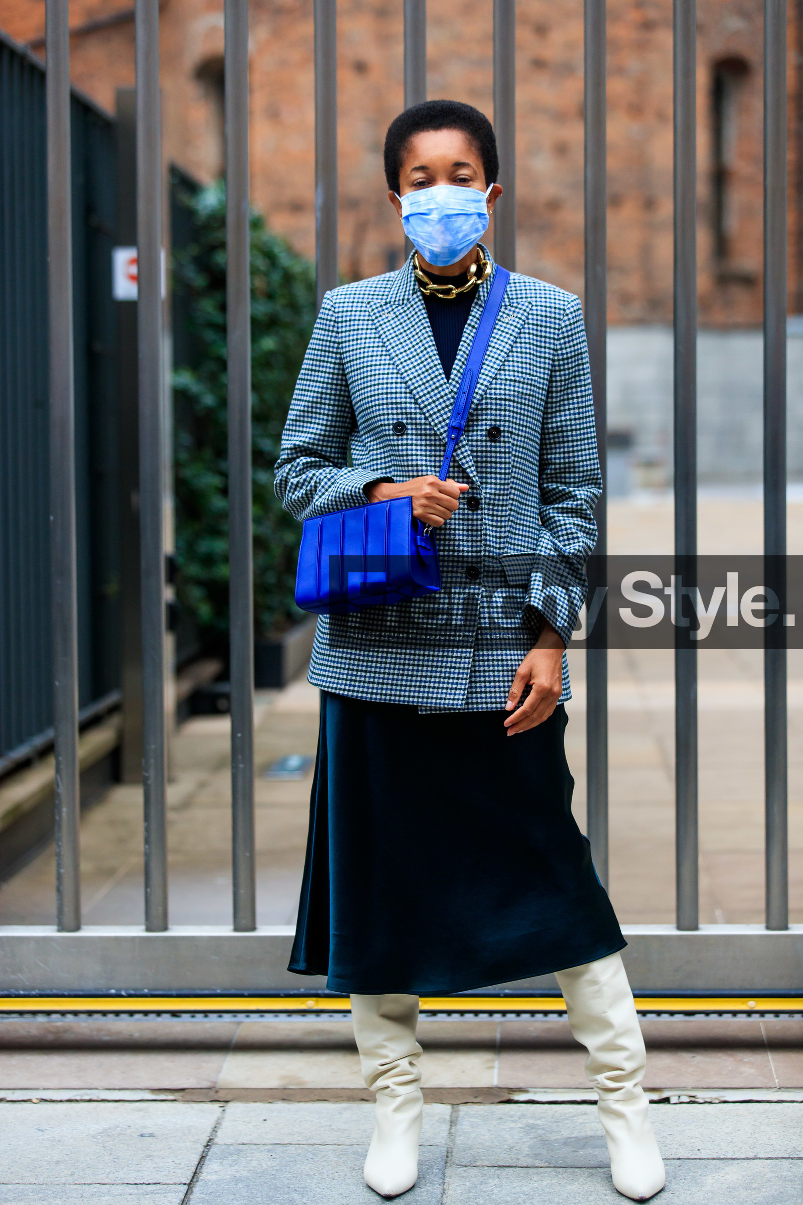 checked jacket, blue jacket, blue skirt, blue leather bag, crossbody bag, max mara bag, golden necklace, big chain necklace, mid long skirt, silk skirt, satin skirt, high boots, white leather boots, covid face mask, tamu mcpherson, street style, jonathan paciullo, FW, frenchystyle, fashion week, MFW, MILAN, SPRING SUMMER 2021, SS 21, vertical, full length