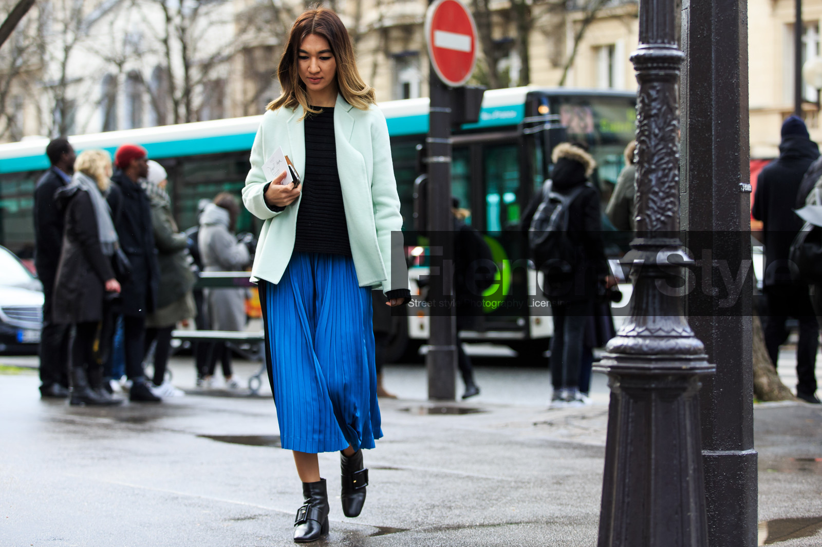 atmosphere details, AUTUMN WINTER 2016-2017, AW 16-17, black boots, black sweater, blazer, blue skirt, FALL WINTER 2016-2017, fashion week, frenchystyle, full length, FW, FW 16-17, horizontal, jonathan paciullo, leather boots, mint, PARIS, PFW, pleated skirt, street style, white jacket