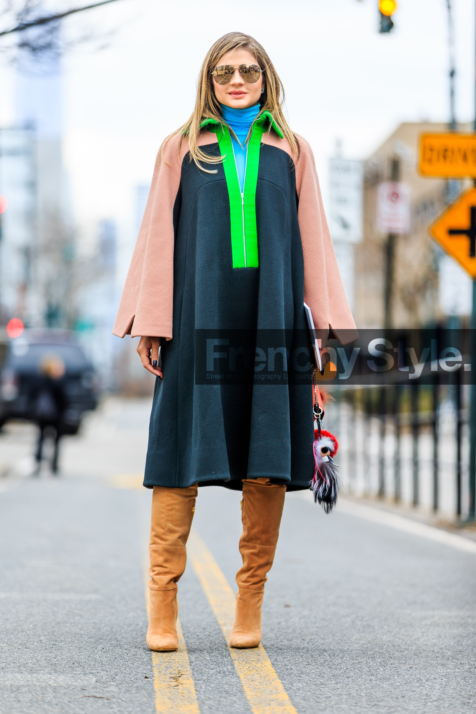 AUTUMN WINTER 2016-2017, aviator sunglasses, AW 16-17, beige boots, blue sweater, camel boots, fashion week, fendi, fluo, frenchystyle, full length, fun bag, fur bag, FW, FW 16-17, green coat, high boots, high heels, jonathan paciullo, NEW YORK, NYFW, street style, suede shoes, sunglasses, thassia naves, turquoise, turtleneck sweater, vertical, woman