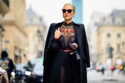 hermes bag, mini bag, black handbag, black sunglasses, black dress, embroidered dress, red embroideries, black tulle, golden earring, fashion week, frenchystyle, FW, jonathan paciullo, street style, PARIS, PFW, SPRING SUMMER 2022, SS 22, atmosphere details, detail, horizontal