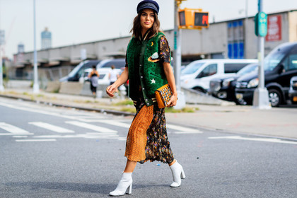 atmosphere details, black cap, bomber jacket, camila coelho, fashion week, frenchystyle, full length, FW, graphic dress, green fur, green jacket, high heels, horizontal, jonathan paciullo, leather bag, leather shoes, multicolor bag, NEW YORK, NYFW, orange bag, orange dress, printed bag, printed dress, sleeveless, SPRING SUMMER 2018, SS 18, street style, white boots