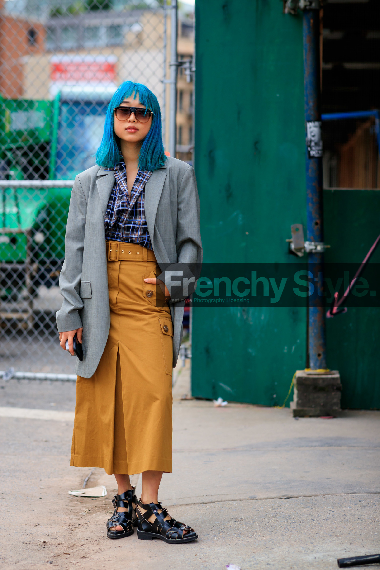 black shoes, blazer, blue hair, blue shirt, brown skirt, checked, dyed hair, grey jacket, high waist, leather shoes, Margaret Zhang, plaid, printed shirt, sunglasses, street style, jonathan paciullo, FW, frenchystyle, fashion week, NEW YORK, NYFW, SPRING SUMMER 2020, SS 20, vertical, full length