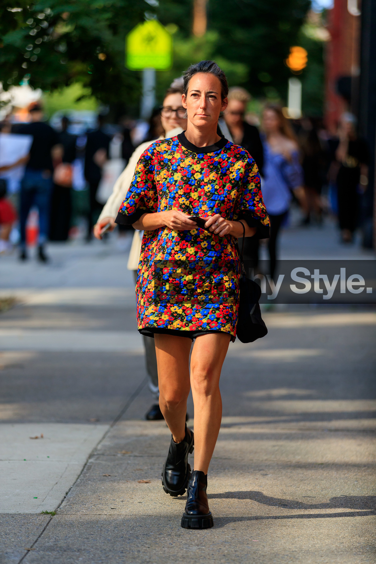 black shoes, floral, flowers, graphic dress, leather shoes, multicolor dress, prada, printed dress, street style, jonathan paciullo, FW, frenchystyle, fashion week, NEW YORK, NYFW, SPRING SUMMER 2020, SS 20, vertical, full length