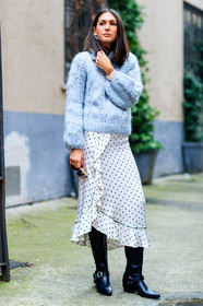 AUTUMN WINTER 2017-2018, AW 17-18, black shoes, blue sweater, cowboy boots, diletta bonaiuti, FALL WINTER 2017-2018, fashion week, frenchystyle, full length, FW, FW 17-18, graphic skirt, high boots, jonathan paciullo, leather shoes, MFW, MILAN, pearls, polka dot, printed skirt, rings, ruffled skirt, street style, vertical, white skirt