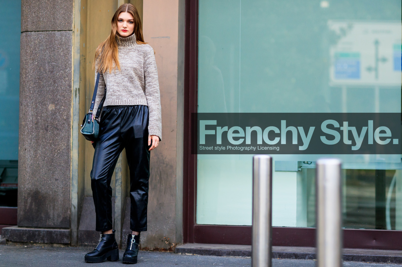 atmosphere details, AUTUMN WINTER 2017-2018, AW 17-18, black pants, black shoes, brown knit, brown sweater, FALL WINTER 2017-2018, fashion week, frenchystyle, full length, FW, FW 17-18, green bag, horizontal, jonathan paciullo, leather bag, leather pants, leather shoes, long hair, MFW, MILAN, model, nana abramova, nastya abramova, red lips, street style, trousers, turtleneck sweater