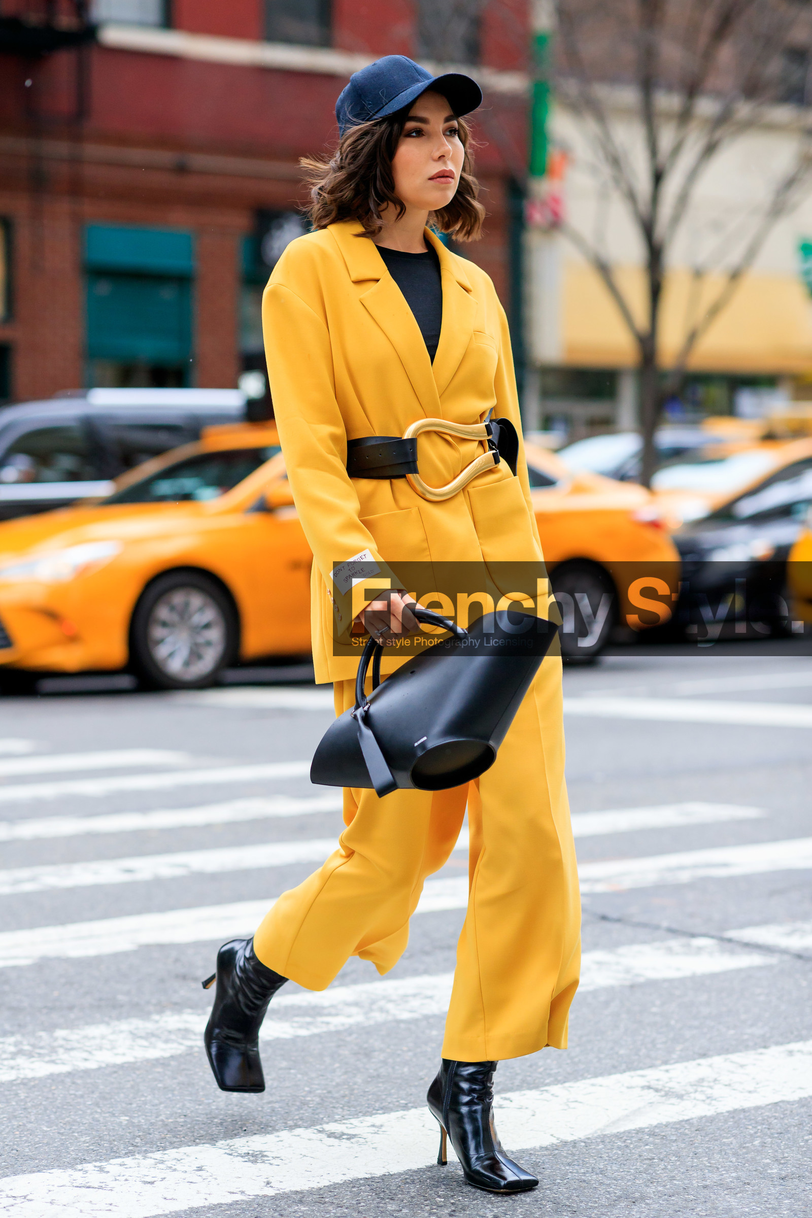 karina nigay, yellow jacket, yellow pants, yellow suits, belted jacket, black leather belt, black leather bag, black leather boots, bottega veneta belt, jil sander bag, hand bag, black cap, big buckle belt, squared toed shoes, high heels boots, black t-shirt, fashion week, frenchystyle, FW, jonathan paciullo, street style, NYFW, NEW YORK, AUTUMN WINTER 2020-2021, FALL WINTER 2020-2021, FW 20-21, vertical, full length