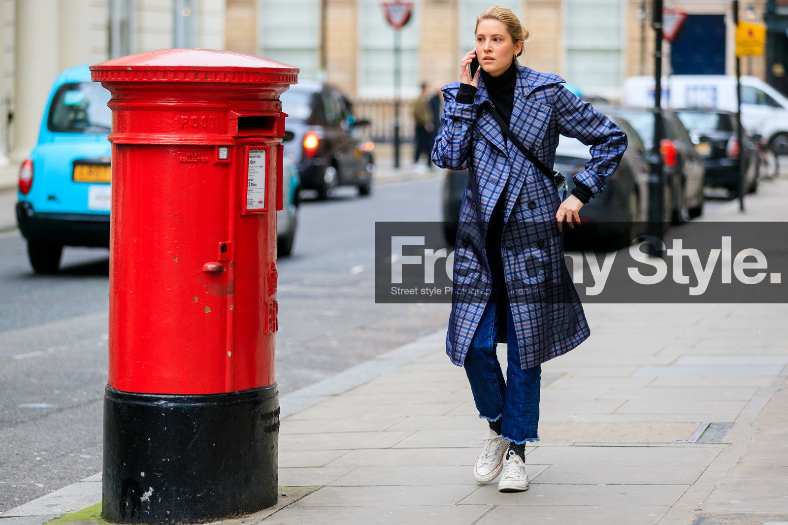 black sweater, blue coat, blue denim, checked, converse, denim pants, graphic jacket, jeans, leather shoes, plaid, printed jacket, trousers, white sneakers, street style, jonathan paciullo, FW, frenchystyle, fashion week, LFW, LONDON, AUTUMN WINTER 2019-2020, AW 19-20, FW 19-20, FALL WINTER 2019-2020, horizontal, atmosphere details, full length
