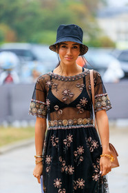 tamara kalinic, dior dress, dior hat, embroidered dress, black dress, short sleeves dress, black bra, black hat, monogrammed hat, sheer dress, fashion week, frenchystyle, FW, jonathan paciullo, street style, SPRING SUMMER 2020, SS 20, PFW, PARIS, vertical, atmosphere details, detail