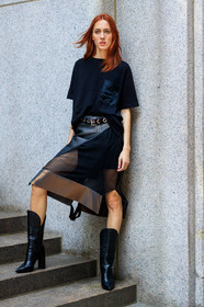 black shoes, black skirt, black t shirt, cowboy boots, fashion week, frenchystyle, full length, FW, high heels, jonathan paciullo, leather shoes, leather skirt, model, NEW YORK, NYFW, see through, SPRING SUMMER 2018, SS 18, street style, teddy quinlivan, vertical