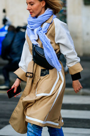 beige coat, black bag, blue denim, blue scarf, denim pants, fanny pack, jeans, leather bag, max mara, stripes, trench coat, trousers, fashion week, frenchystyle, FW, jonathan paciullo, street style, MFW, MILAN, AUTUMN WINTER 2019-2020, AW 19-20, FALL WINTER 2019-2020, FW 19-20, vertical, atmosphere details, detail