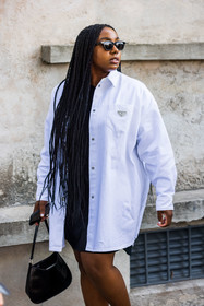 black bag, black dress, black sunglasses, leather bag, Lindsay Peoples Wagner, oversize shirt, prada bag, prada look, shirt, sunglasses, white shirt, fashion week, frenchystyle, FW, jonathan paciullo, street style, SPRING SUMMER 2022, SS 22, MFW, MILAN, vertical, atmosphere details