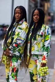 bag, bread, duo, flower, flower print, jacket, msgm look, pants, print, printed jacket, printed pants, small bag, total look, yellow bag, yellow jacket, yellow pants, long hair, color, fashion week, frenchystyle, FW, jonathan paciullo, street style, SPRING SUMMER 2022, SS 22, MFW, MILAN, vertical, atmosphere details