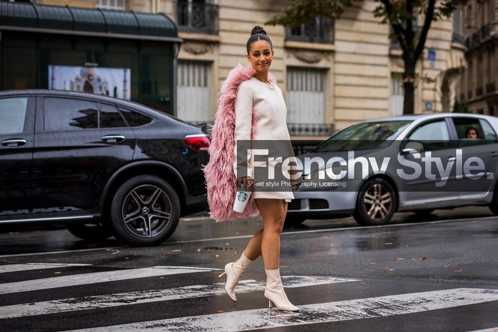 beige boots, boots, coat, dress, fringes, lanvin look, Lena Mahfouf, pastel, pink coat, pink dress, starbuck, statement coat, fashion week, frenchystyle, FW, jonathan paciullo, street style, PFW, PARIS, SPRING SUMMER 2022, SS 22, atmosphere details, full length, horizontal