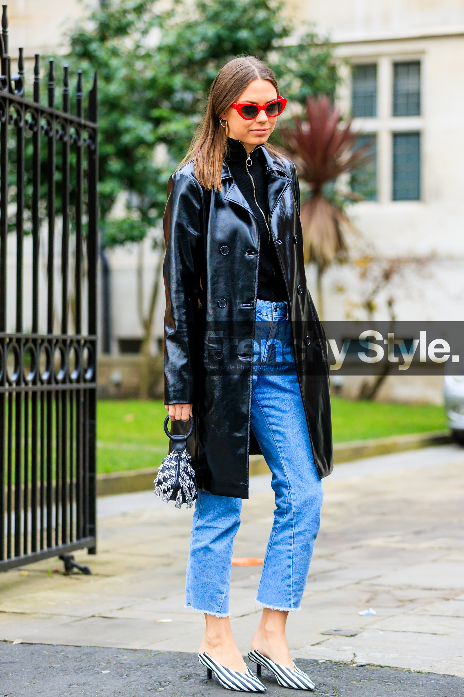 AUTUMN WINTER 2017-2018, AW 17-18, balenciaga, black and white shoes, black bag, black coat, black jacket, black sweater, blue denim, denim pants, FALL WINTER 2017-2018, fashion week, felicity kay, frenchystyle, full length, FW, FW 17-18, graphic shoes, high heels, jeans, jonathan paciullo, leather bag, leather coat, leather shoes, LFW, LONDON, street style, striped shoes, stripes, studs, sunglasses, trousers, vertical, vinyl, zip