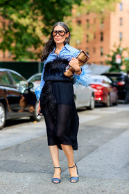 black dress, blue shirt, blue shoes, camel bag, fashion week, feathers, frenchystyle, full length, FW, graphic shirt, high heels, jonathan paciullo, leather bag, leather shoes, NEW YORK, NYFW, printed shirt, see through, SPRING SUMMER 2018, SS 18, street style, striped shirt, sunglasses, vertical, Véronique Tristram