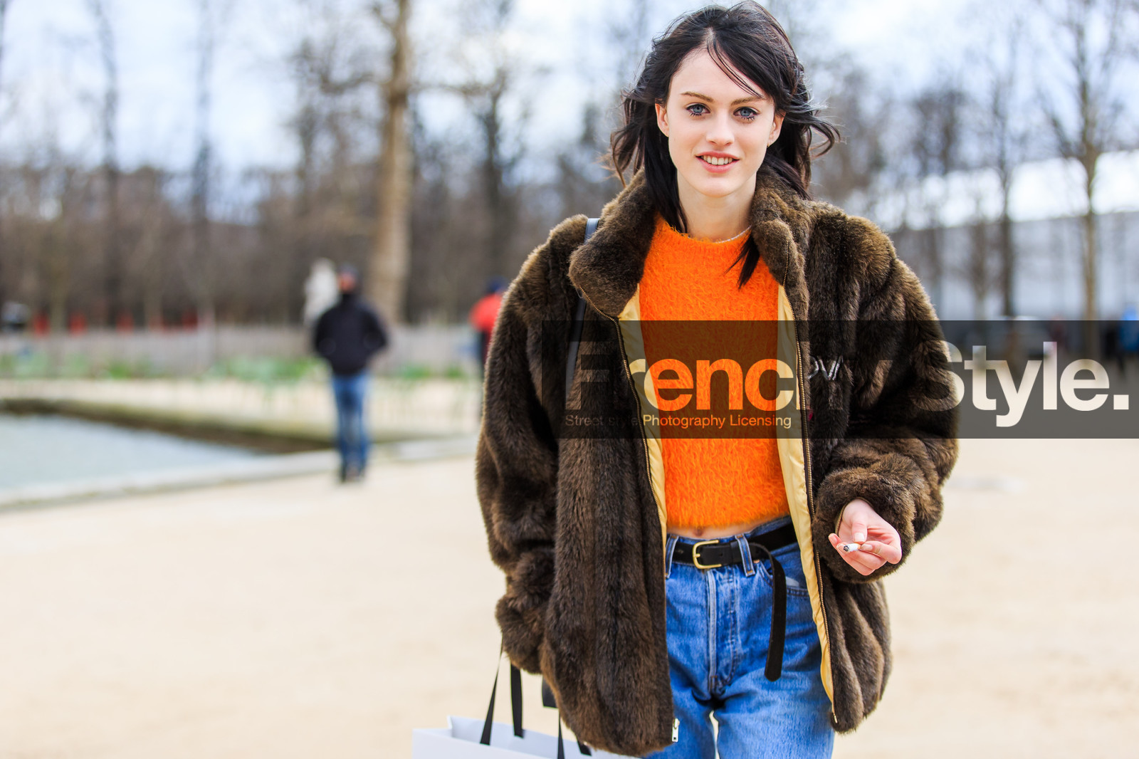 atmosphere details, AUTUMN WINTER 2016-2017, AW 16-17, black belt, blue denim, brown fur, brown jacket, denim pants, detail, FALL WINTER 2016-2017, fashion week, frenchystyle, fur jacket, FW, FW 16-17, horizontal, jeans, jonathan paciullo, leather belt, model, orange sweater, PARIS, PFW, sarah brannon, street style, trousers