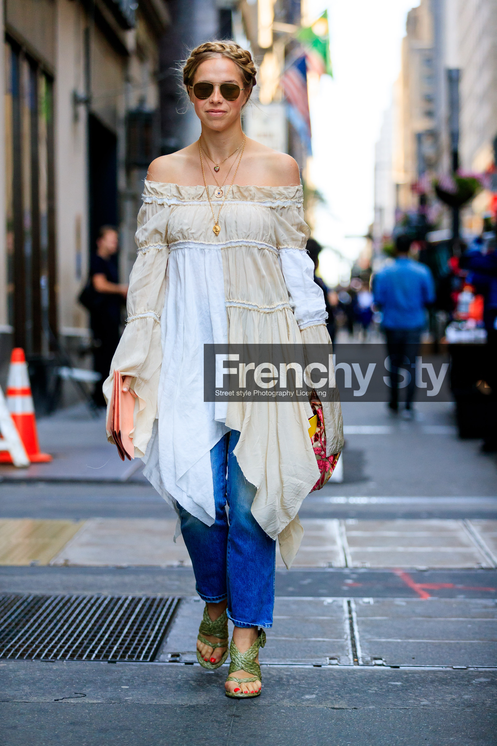 blue denim, braids, chloe king, denim pants, fashion week, frenchystyle, full length, FW, green shoes, high heels, jeans, jonathan paciullo, leather shoes, NEW YORK, NYFW, off the shoulder, SPRING SUMMER 2018, SS 18, street style, sunglasses, trousers, vertical, white dress