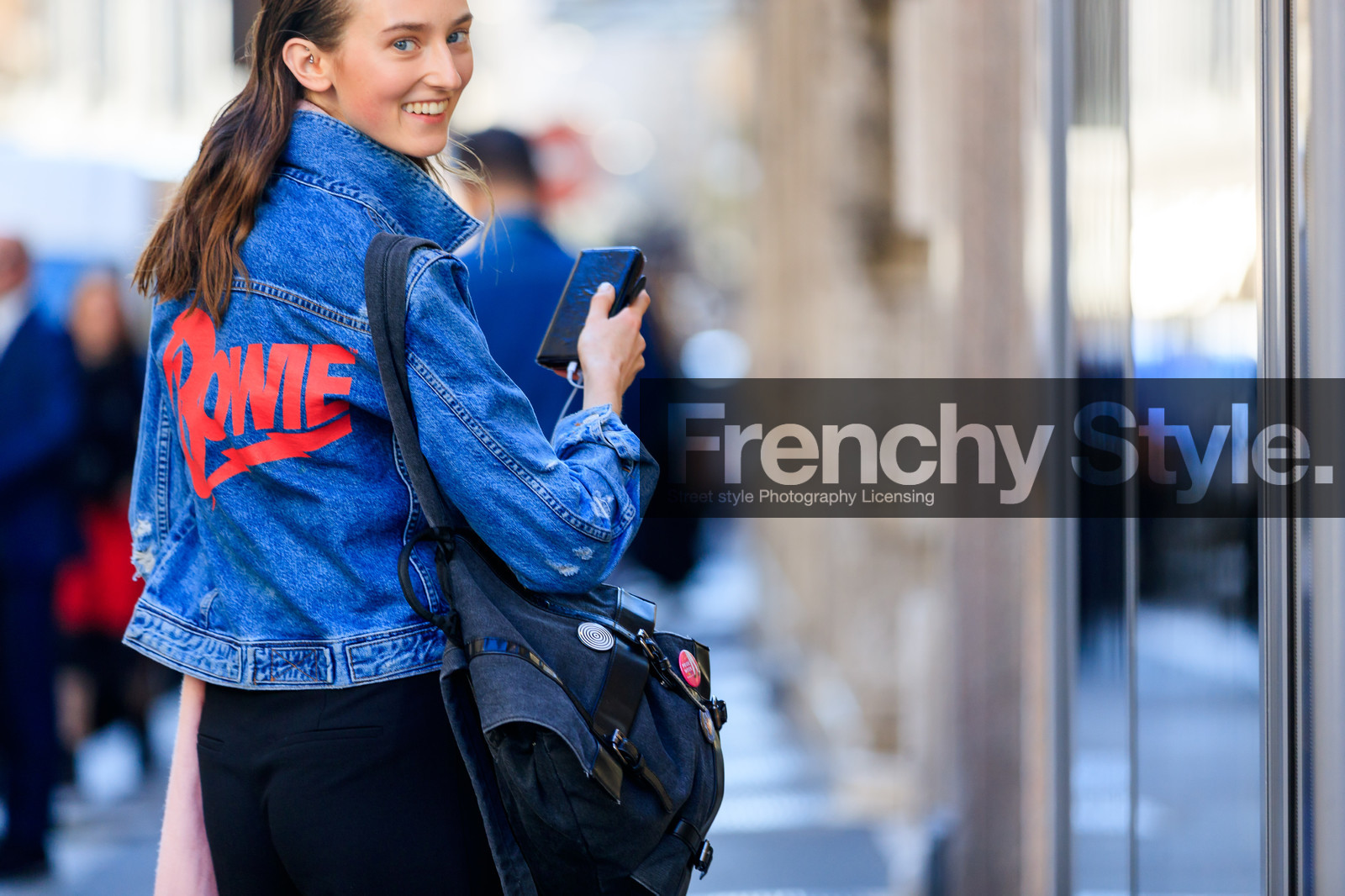 atmosphere details, black bag, black pants, blue denim, denim jacket, detail, fashion week, frenchystyle, FW, graphic jacket, horizontal, jonathan paciullo, leather bag, MFW, MILAN, model, printed jacket, SPRING SUMMER 2018, SS 18, street style, trousers