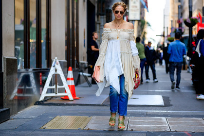 atmosphere details, blue denim, braids, chloe king, denim pants, fashion week, frenchystyle, full length, FW, green shoes, high heels, horizontal, jeans, jonathan paciullo, leather shoes, NEW YORK, NYFW, off the shoulder, SPRING SUMMER 2018, SS 18, street style, sunglasses, trousers, white dress