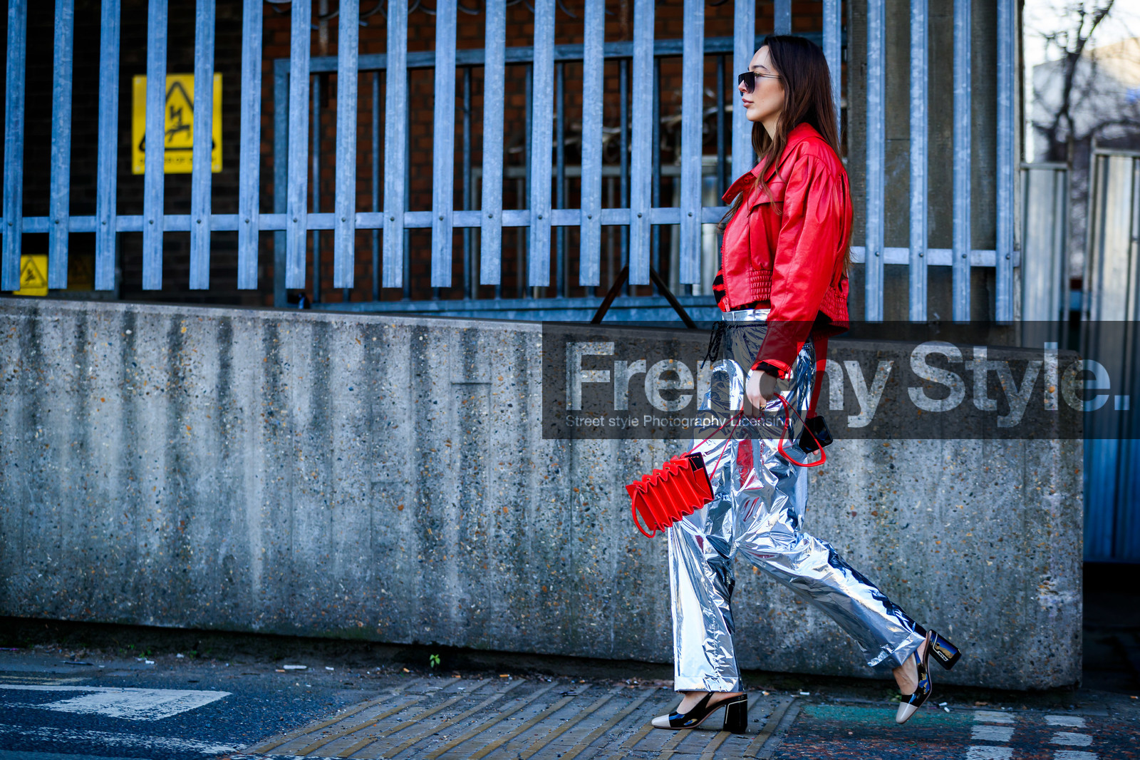 black and white shoes, estelle pigault, leather bag, leather jacket, leather shoes, printed sweater, red bag, red jacket, red sweater, shiny pants, silver pants, sunglasses, trousers, LONDON, LFW, fashion week, frenchystyle, FW, jonathan paciullo, street style, AUTUMN WINTER 2019-2020, AW 19-20, FW 19-20, FALL WINTER 2019-2020, horizontal, atmosphere details, full length