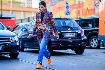 atmosphere details, AUTUMN WINTER 2017-2018, AW 17-18, blazer, blue denim, earrings, FALL WINTER 2017-2018, fashion week, fendi, frenchystyle, full length, FW, FW 17-18, giorgia tal, graphic jacket, horizontal, jeans, jonathan paciullo, leather bag, leather shoes, MFW, MILAN, multicolor, multicolor bag, multicolor jacket, orange shoes, patchwork, printed bag, printed jacket, snake print, street style, trousers