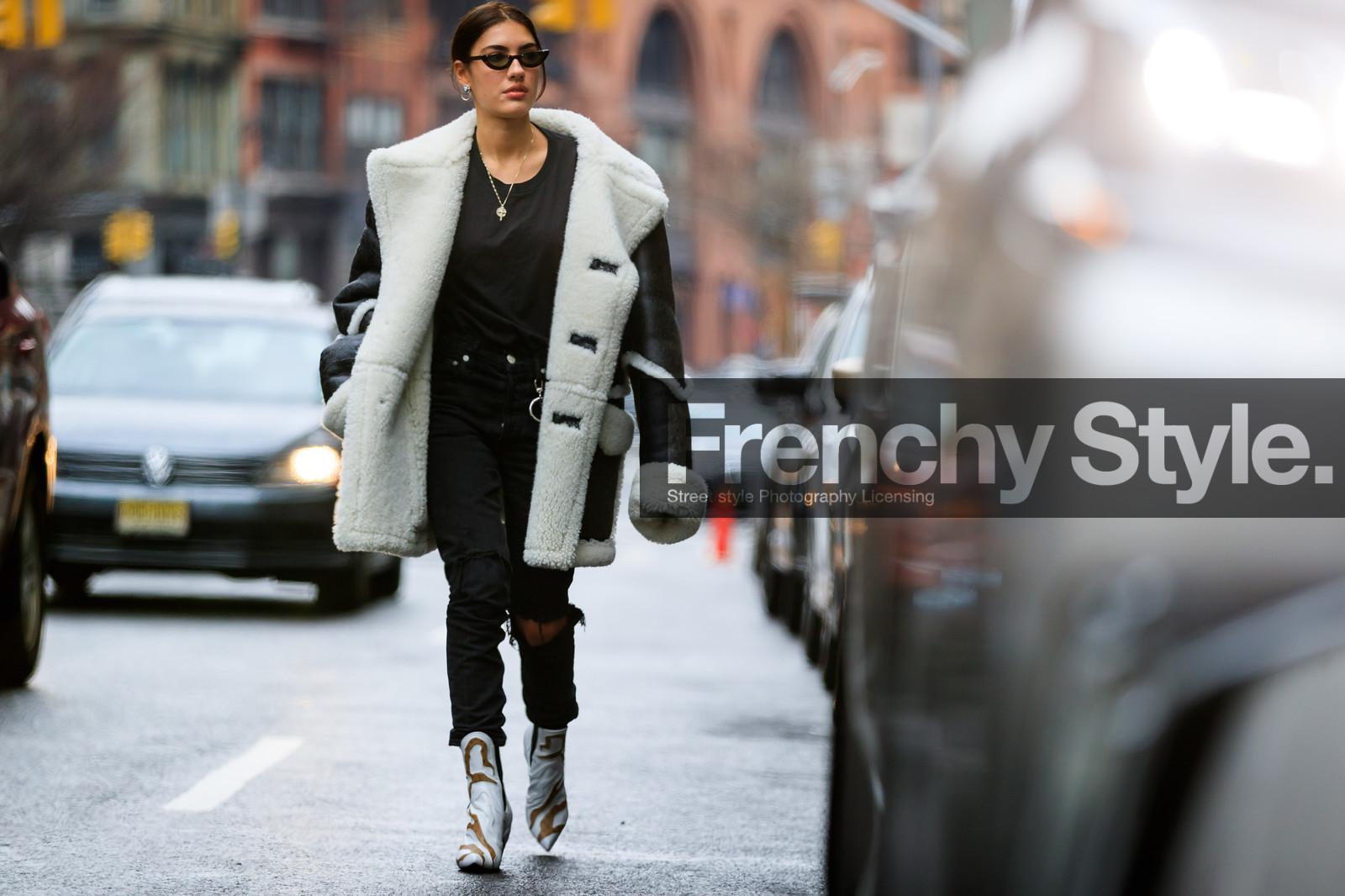 black denim, black jacket, black t shirt, denim pants, high heels, jeans, leather jacket, leather shoes, printed shoes, ripped pants, shearling, sunglasses, trousers, white boots, street style, jonathan paciullo, FW, frenchystyle, fashion week, NYFW, NEW YORK, AUTUMN WINTER 2018-2019, AW 18-19, FALL WINTER 2018-2019, FW 18-19, atmosphere details, horizontal, full length, patricia manfield