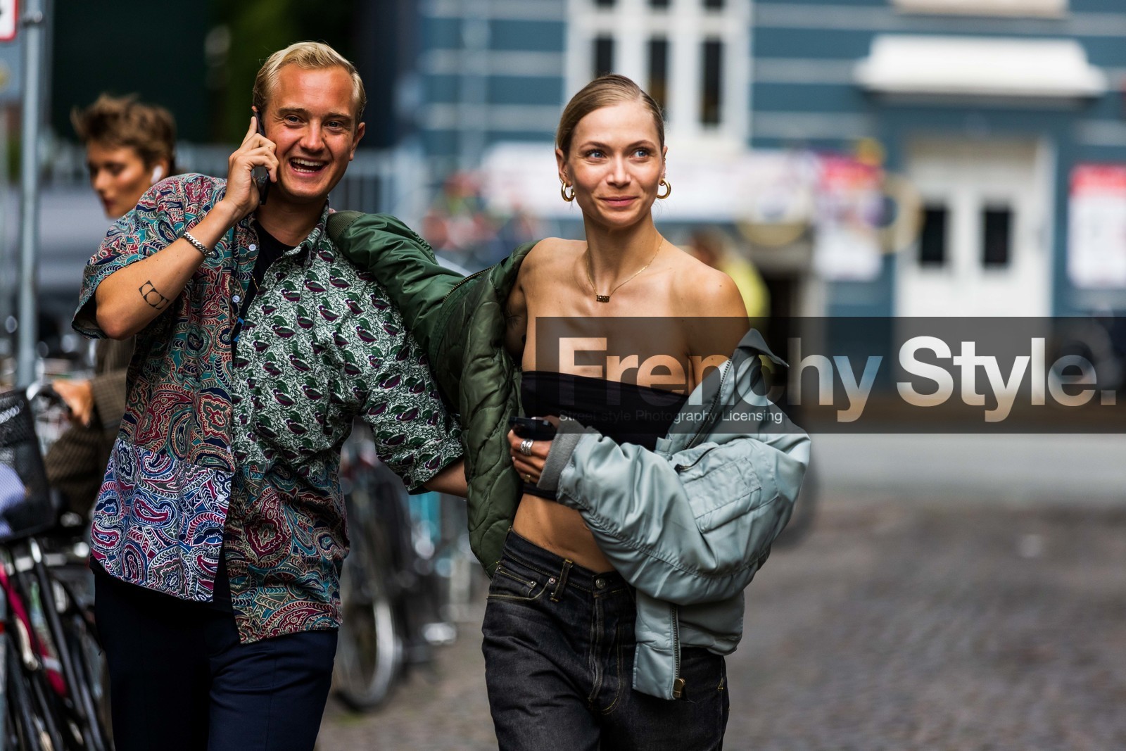 Emilie Lilja, black bra, black top, strapless top, cropped top, short sleeves shirt, patchwork shirt, printed shirt, green shirt, kaki bombers, bicolor bombers, fashion week, frenchystyle, FW, jonathan paciullo, street style, SPRING SUMMER 2022, SS 22, COPENHAGEN, CPHFW, atmosphere details, horizontal