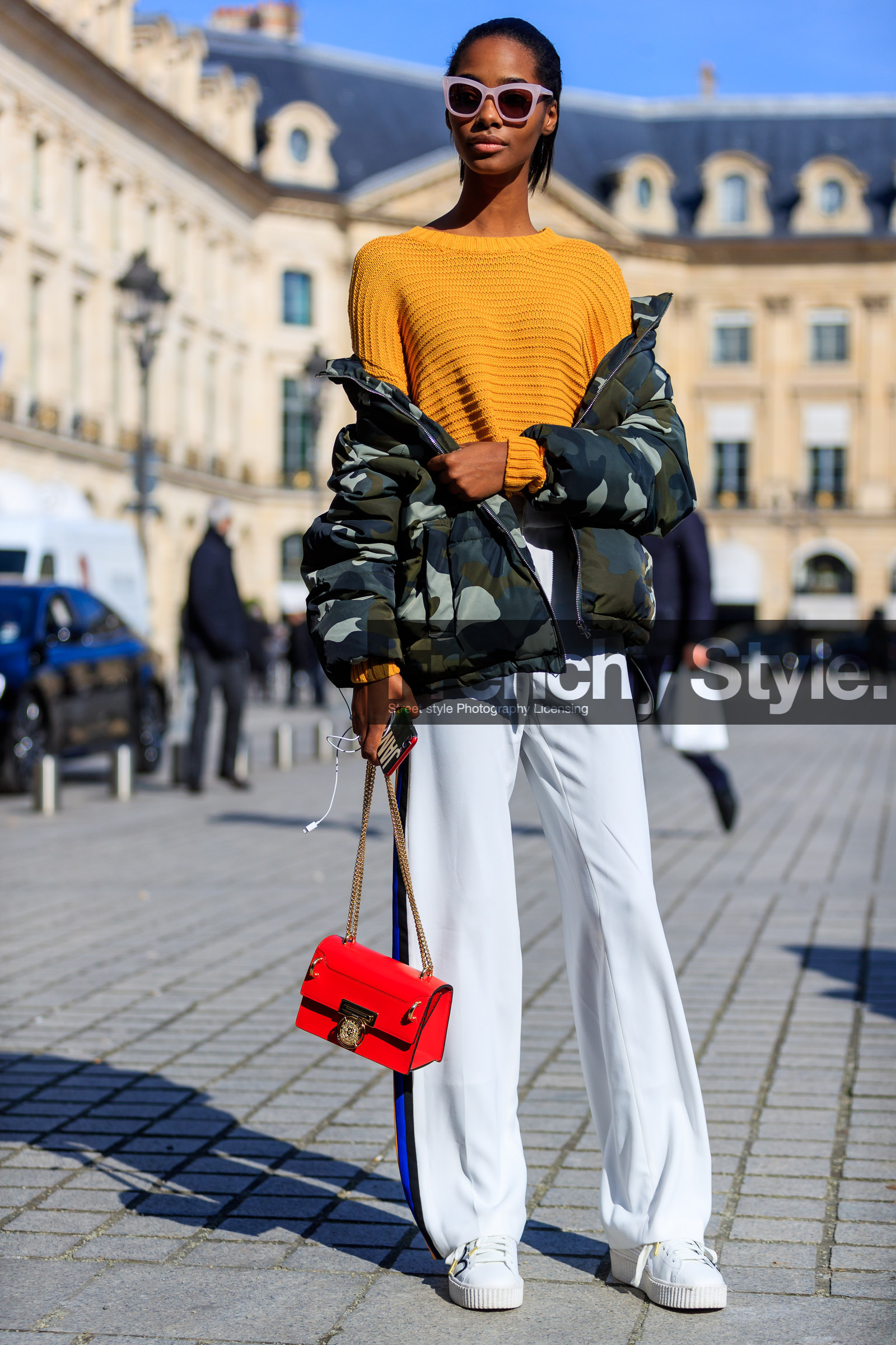 camo jacket, camouflage, down jacket, graphic jacket, green jacket, leather bag, leather shoes, off the shoulder, orange sweater, printed jacket, red bag, stripes, sunglasses, trousers, white pants, white sneakers, street style, jonathan paciullo, FW, frenchystyle, fashion week, PFW, PARIS, AUTUMN WINTER 2018-2019, FALL WINTER 2018-2019, FW 18-19, vertical, full length, model