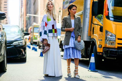 Adi Heyman, atmosphere details, blazer, blue dress, fashion week, frenchystyle, full length, FW, glitter, graphic bag, graphic sweater, grey jacket, gucci, high heels, horizontal, jonathan paciullo, leather bag, leather shoes, NEW YORK, NYFW, patchwork, pink bag, plaid, printed dress, printed sweater, shiny bag, silver bag, SPRING SUMMER 2018, SS 18, street style, striped dress, white shoes, white skirt, white sweater
