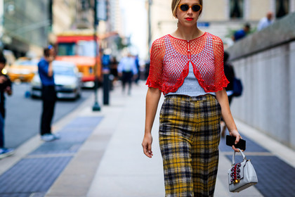 atmosphere details, checked pants, chloe king, detail, embroidered bag, fashion week, fishnet, frenchystyle, FW, horizontal, jonathan paciullo, leather bag, NEW YORK, NYFW, plaid, printed pants, red top, SPRING SUMMER 2018, SS 18, street style, sunglasses, tartan, trousers