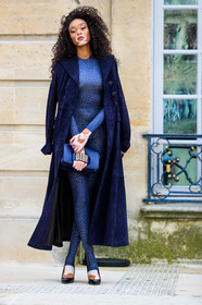 black bag, black shoes, blue coat, blue jumpsuit, christian dior, embroidered jumpsuit, fashion week, frenchystyle, full length, FW, high heels, jonathan paciullo, leather bag, leather shoes, over the shoulder, PARIS, PFW, SPRING SUMMER 2018, SS 18, street style, suede jacket, trousers, vertical, model, winnie harlow