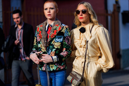 blue denim, brown bag, checked, denim pants, floral, flowers, graphic bag, graphic jacket, graphic pants, graphic shirt, gucci, jeans, leather bag, monogram, plaid, printed bag, printed jacket, printed pants, printed shirt, ruffles, short hair, studs, sunglasses, trousers, white pants, white shirt, fashion week, frenchystyle, FW, jonathan paciullo, street style, MFW, MILAN, AUTUMN WINTER 2018-2019, FALL WINTER 2018-2019, FW 18-19, horizontal, atmosphere details