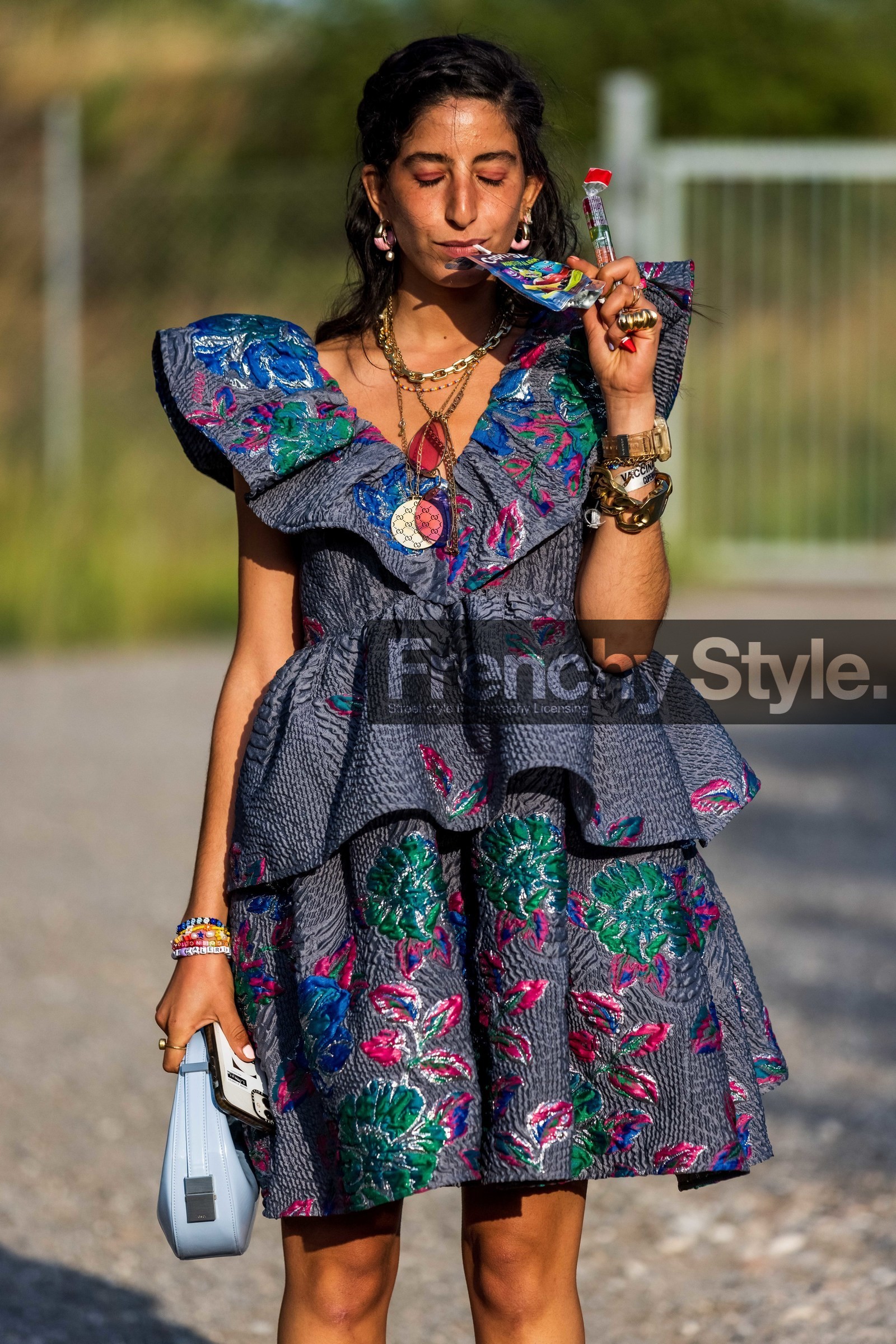 bag, blue bag, bracelet, chain necklace, color, dress, earrgings, embroidered dress, embroidery, floral dress, floral print, flower, flower print, gold bracelet, gold necklace, grey dress, hoops, leather bag, multicolor, necklace, oversized shoulder, pink sandals, print, printed dress, ring, ruffles, fashion week, frenchystyle, FW, jonathan paciullo, street style, CPHFW, COPENHAGEN, SS 22, SPRING SUMMER 2022, vertical, atmosphere details